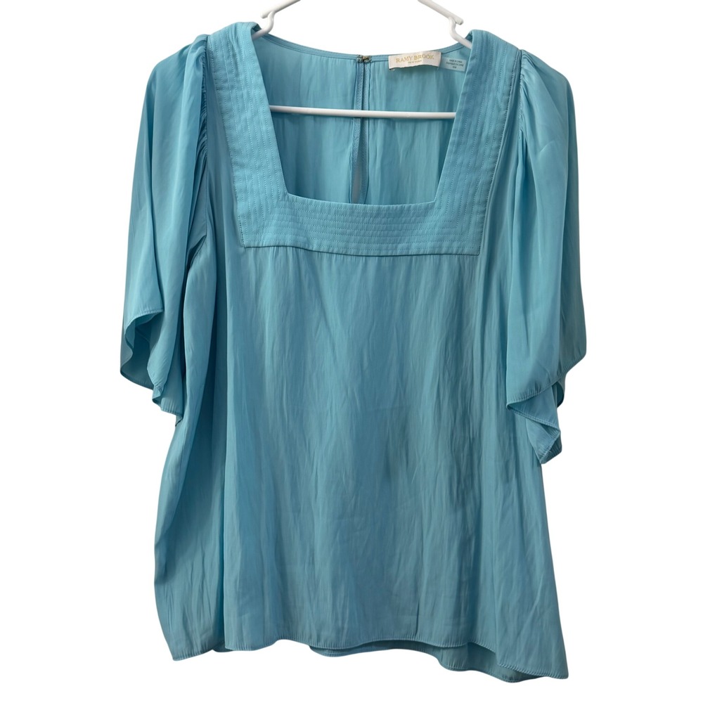 Ramy Brook Turquoise Blue Square Neck Flutter Sleeve‎ Blouse Top M Resortwear